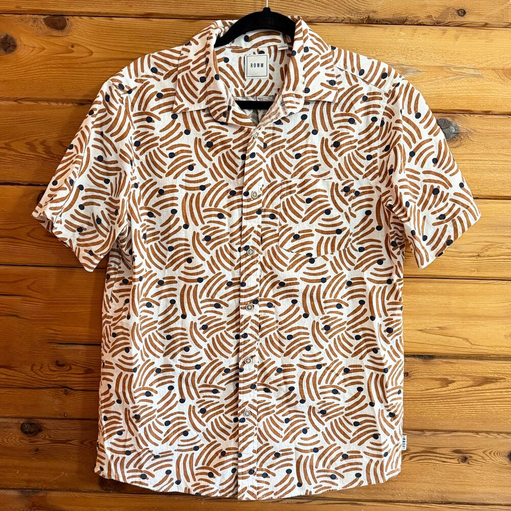 Rown Men's Casual Brown Patterned Button Down Shirt Medium